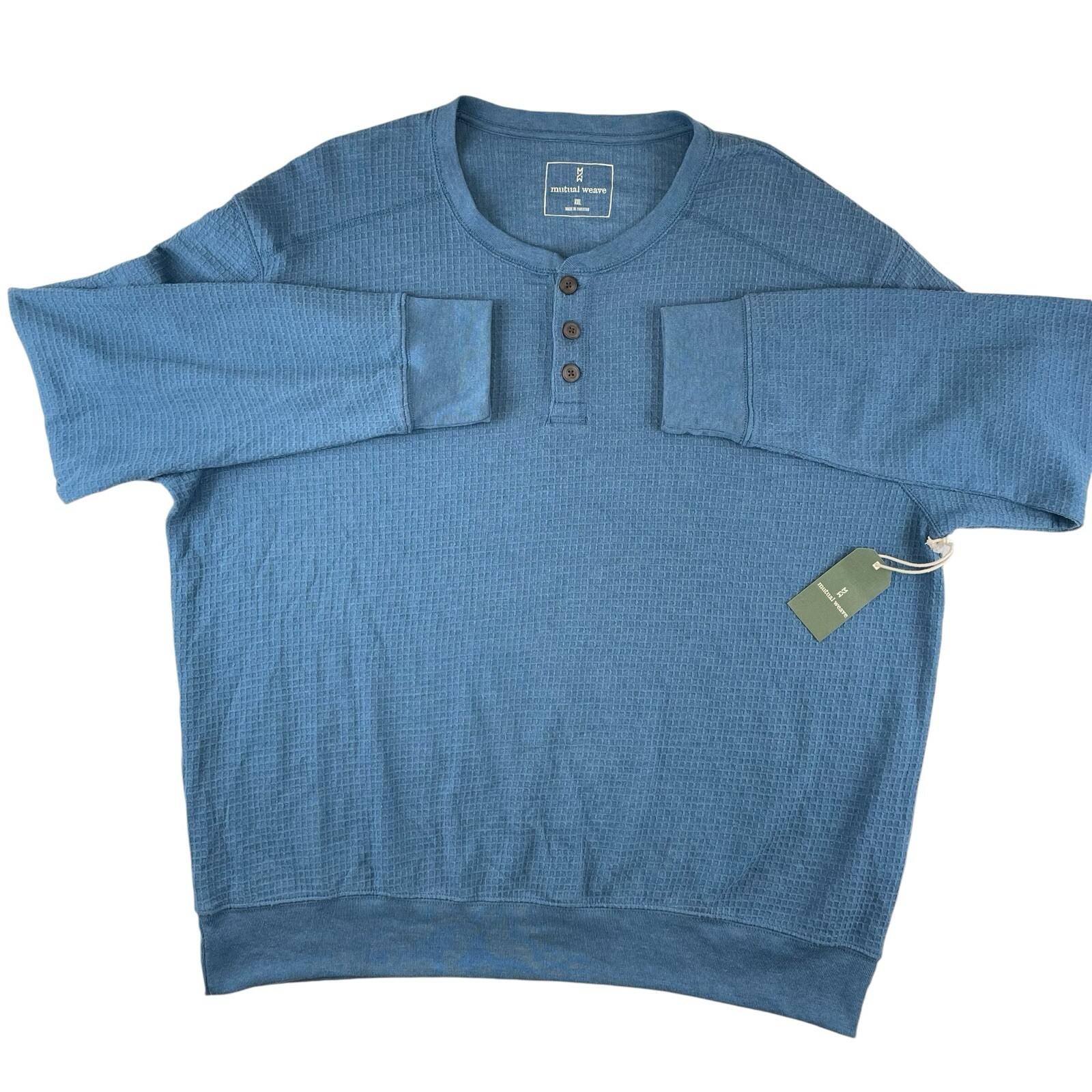 NEW Mutual Weave Henley Shirt Mens 2XL Blue Waffle Knit 3 Button Long Sleeve