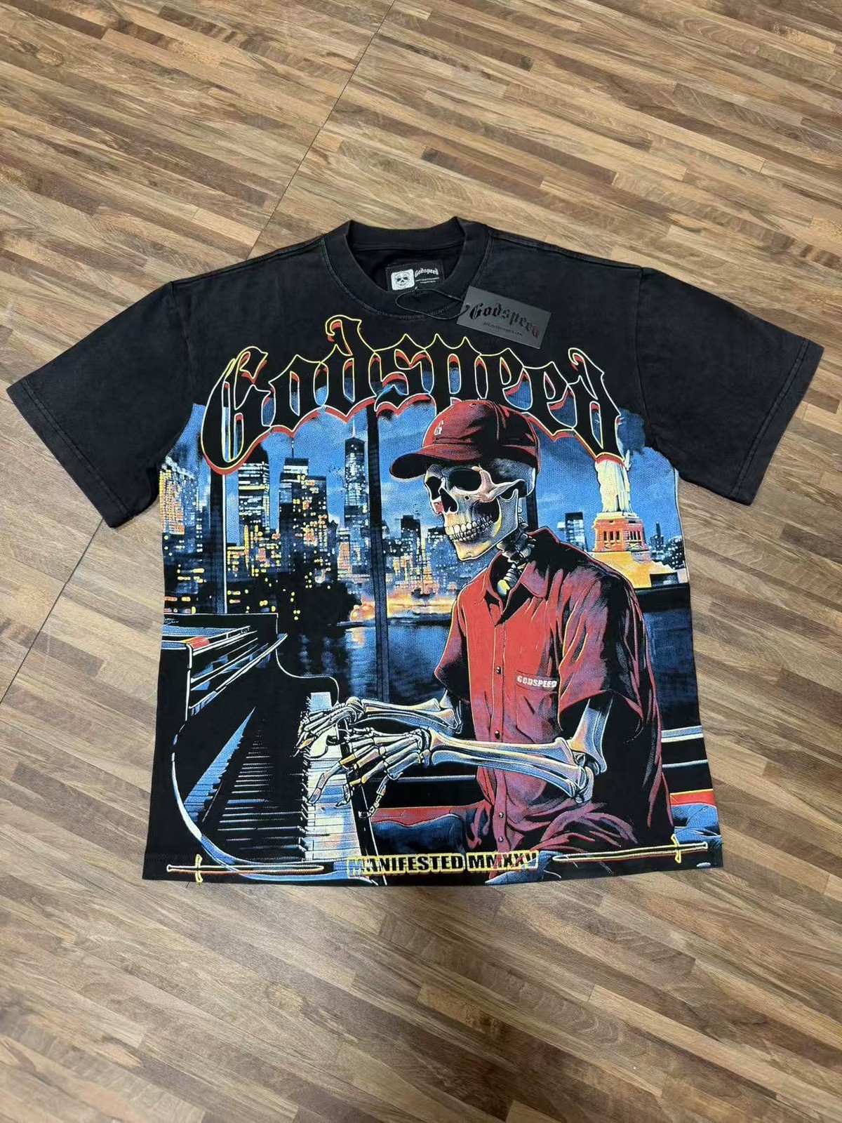 26/SS Mens NEW Godspeed skeleton play the piano print Short sleeved T-shirt gallery