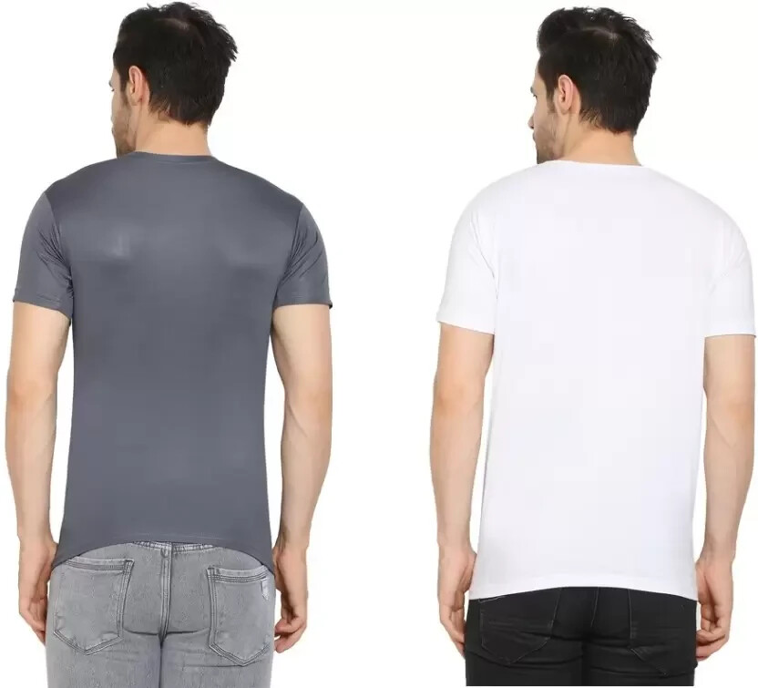 FLEXICA MENS Pack of 2 Men Solid Round Neck Polyester Grey, COTTON White T-Shirt gallery
