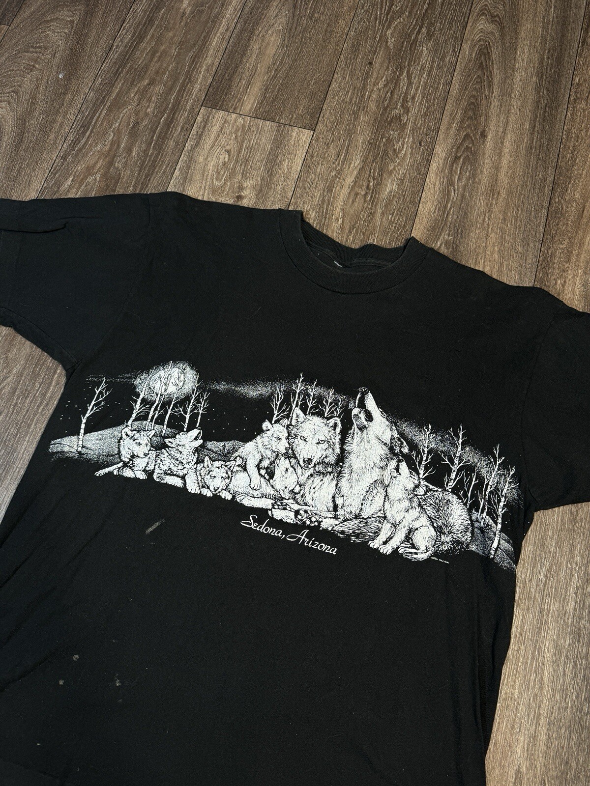 Vintage Sedona Arizona Wolf Wrap Around Nature Animal Black T-Shirt XL 1990 gallery