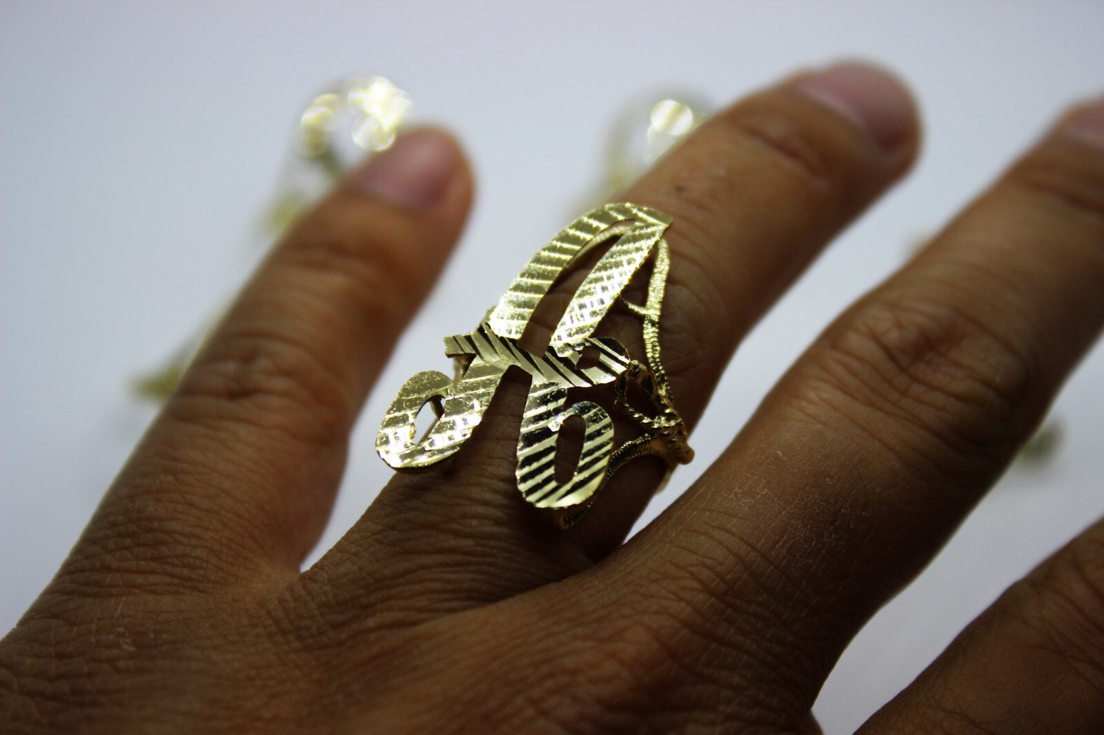 10k Solid Yellow Gold Large Cursive Initial Letter Ring Diamond Cut size 6 ~ 14