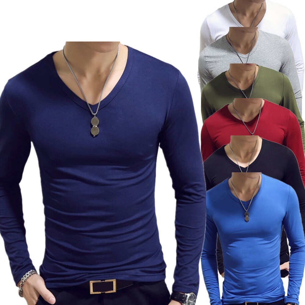 US Men V Neck Shirt Muscle Tops Slim Fit Long Sleeve Stretch T-Shirt Undershirts gallery