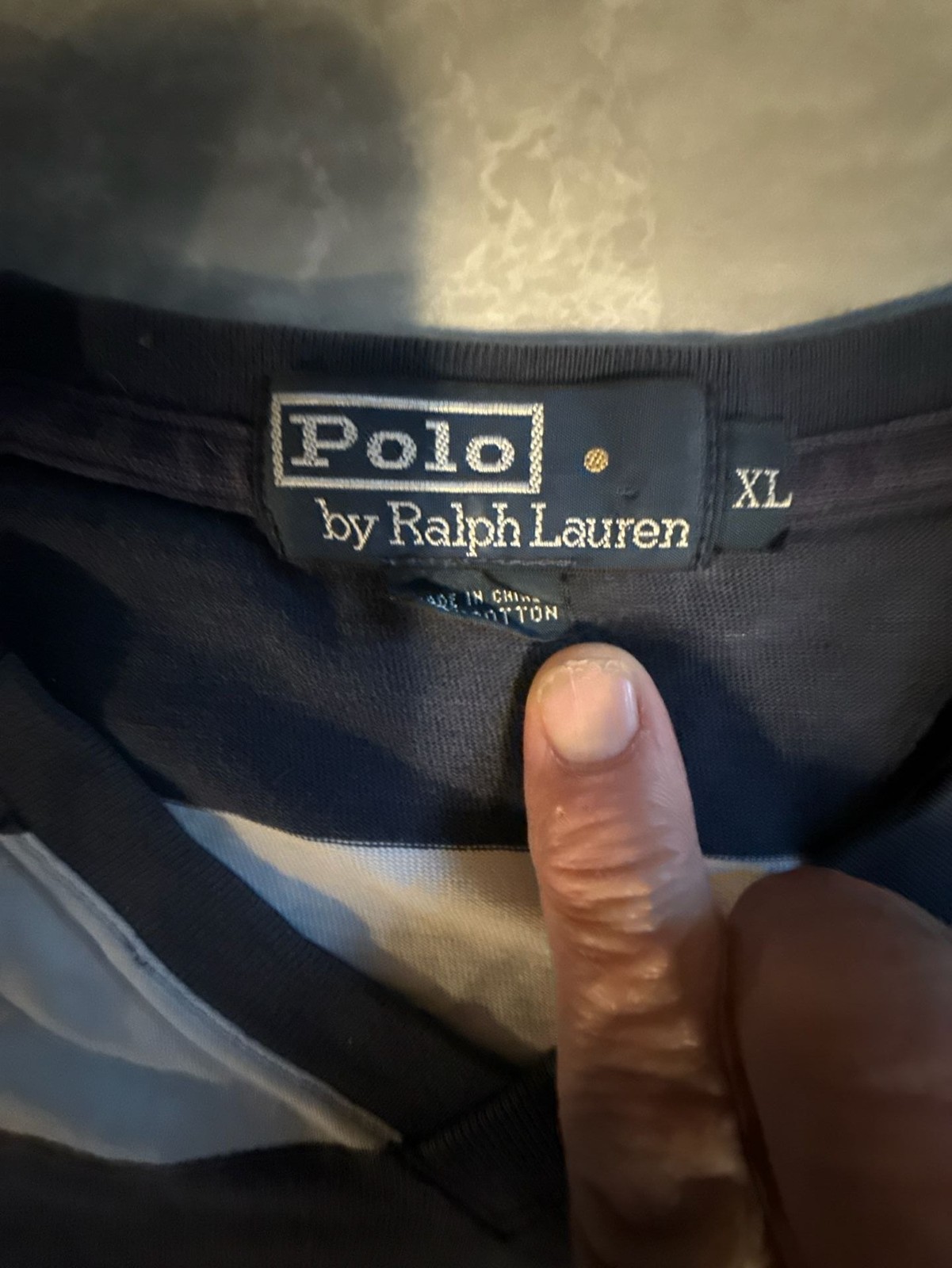 Polo Ralph Lauren Navy Blue & White Striped T-Shirt Size XL Bottom Hem Logo gallery