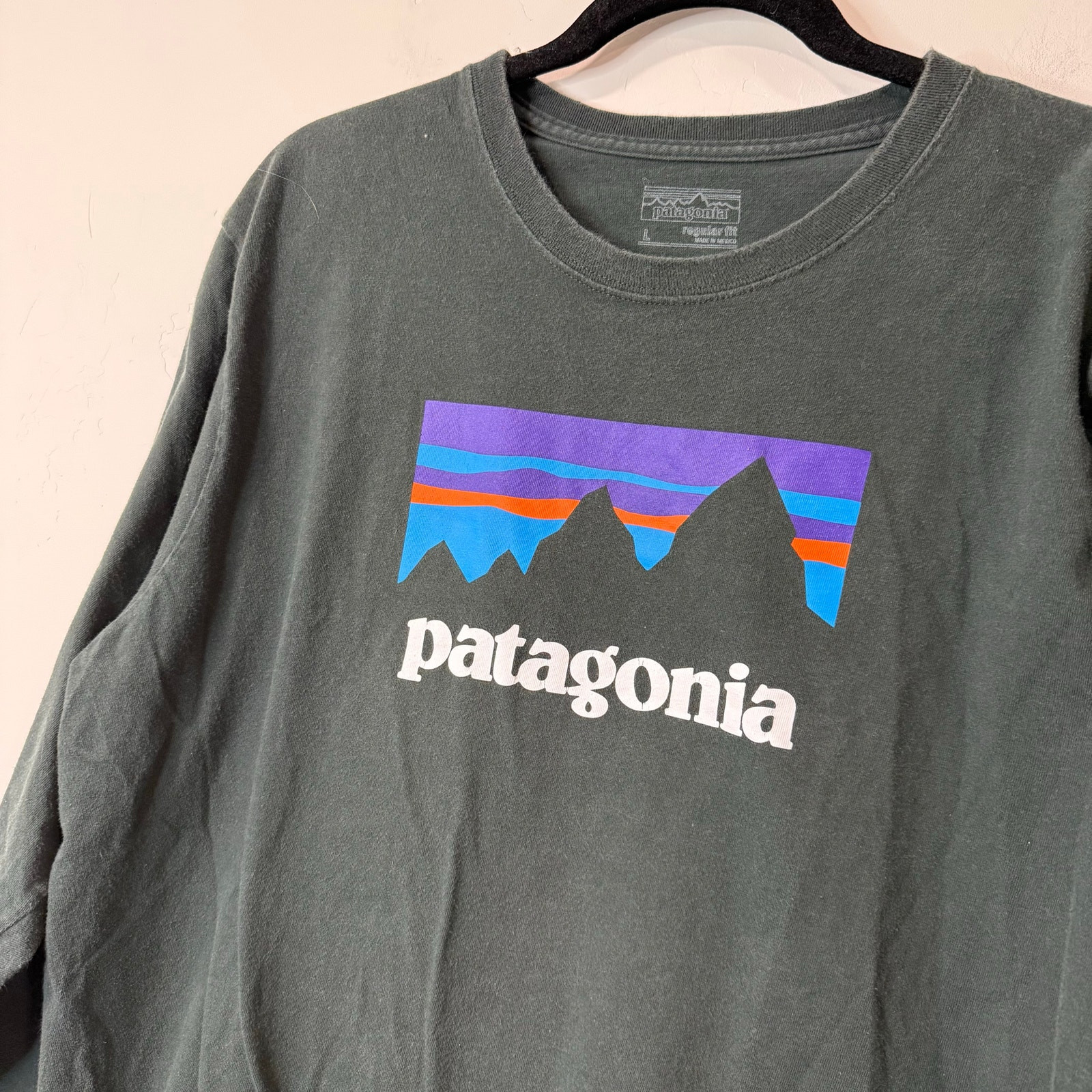Patagonia Men's Shop Sticker Long-Sleeve Tee Graphic Logo Dark Green Large gallery