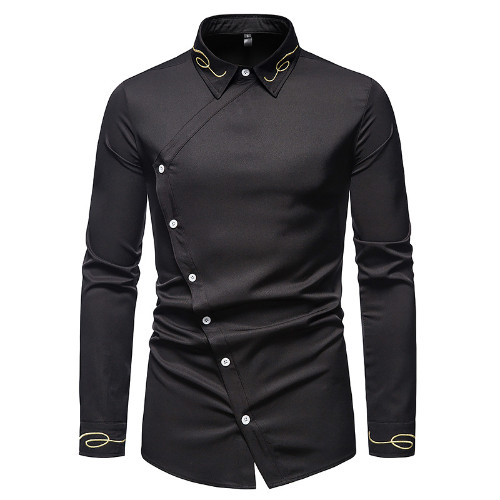 Embroidery Men’s Asymmetrical Shirts Lapel Cowboy Long Sleeves Slim Fit Fashion