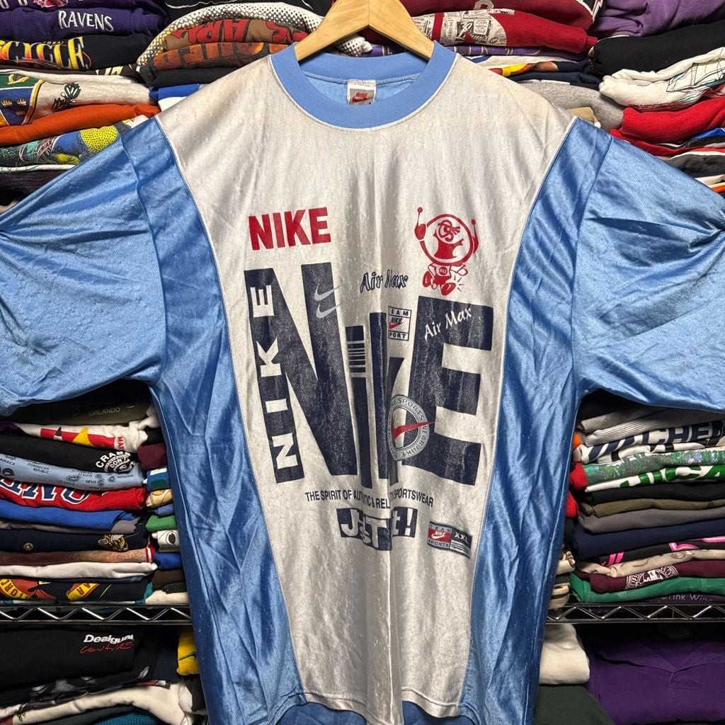 Vintage 90s Nike Air Max AOP Distressed Shiny Mesh Rugby Tee gallery