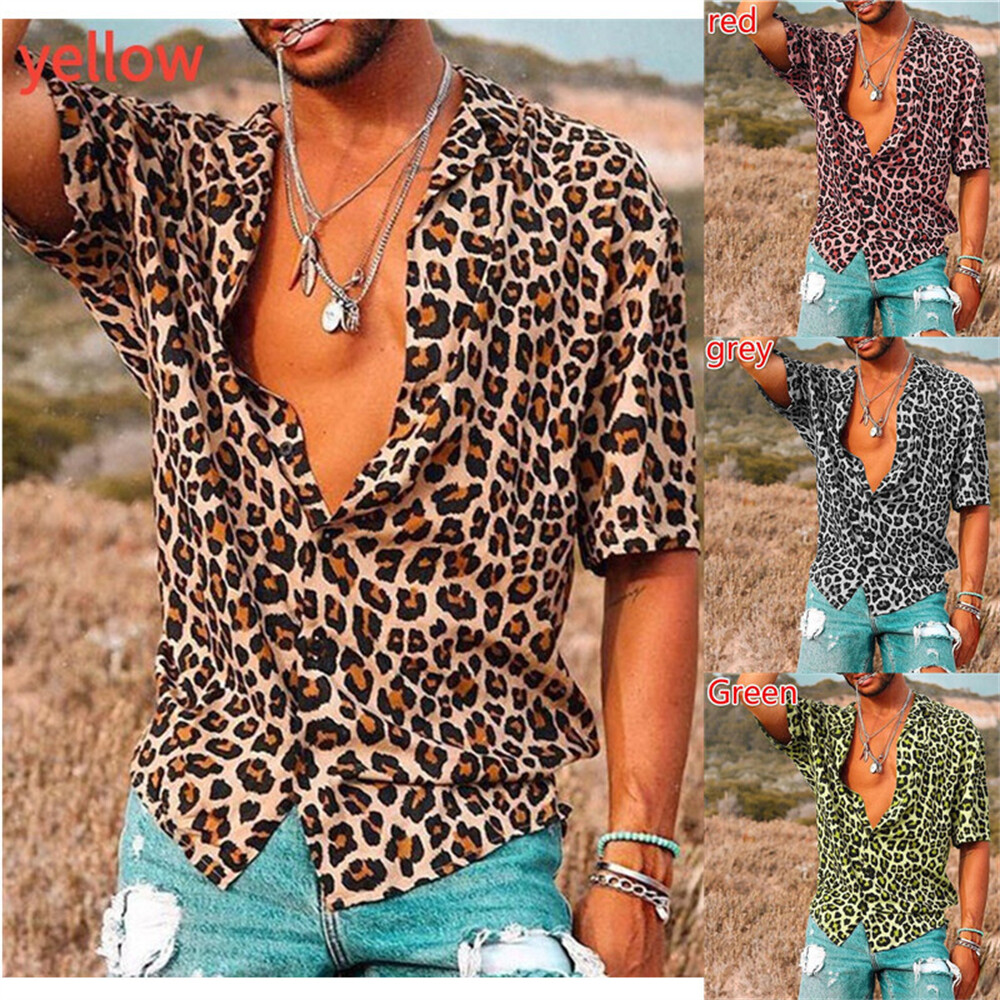 Men’s Leopard Print Shirt Casual Slim Shirts Short Sleeve Button Down Top Blouse