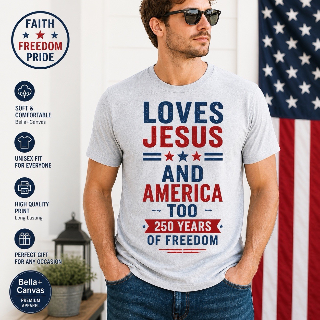 Loves Jesus And America Too Shirt Patriotic USA Freedom 250 Years Christian Tee! gallery