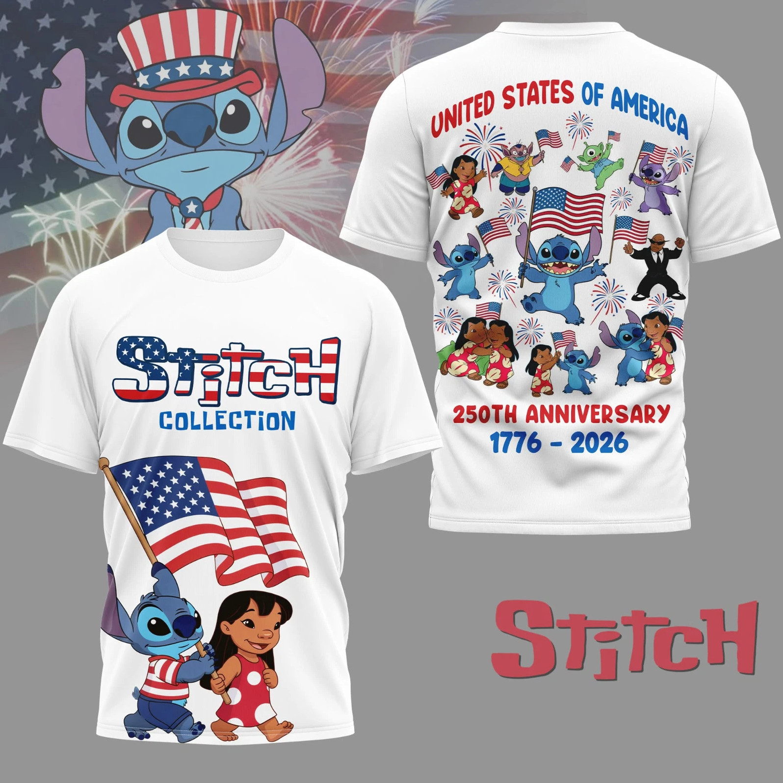 Stitch 250th Anniversary United States Of America 1776-2026 AOP 3D T-Shirt