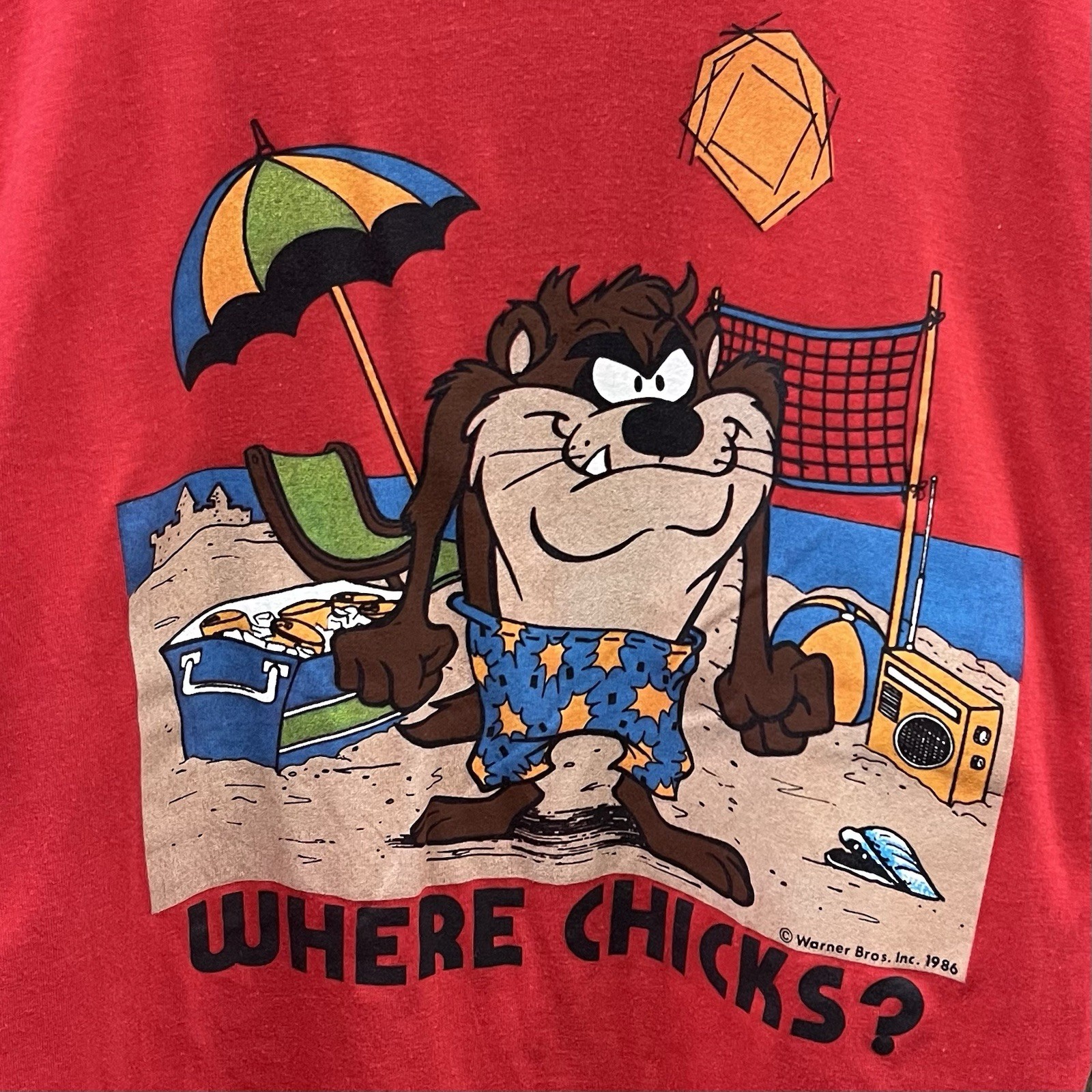 Vintage Warner Bros Looney Tunes Taz Beach Graphic Tee Shirt Red 80s Mens Large gallery