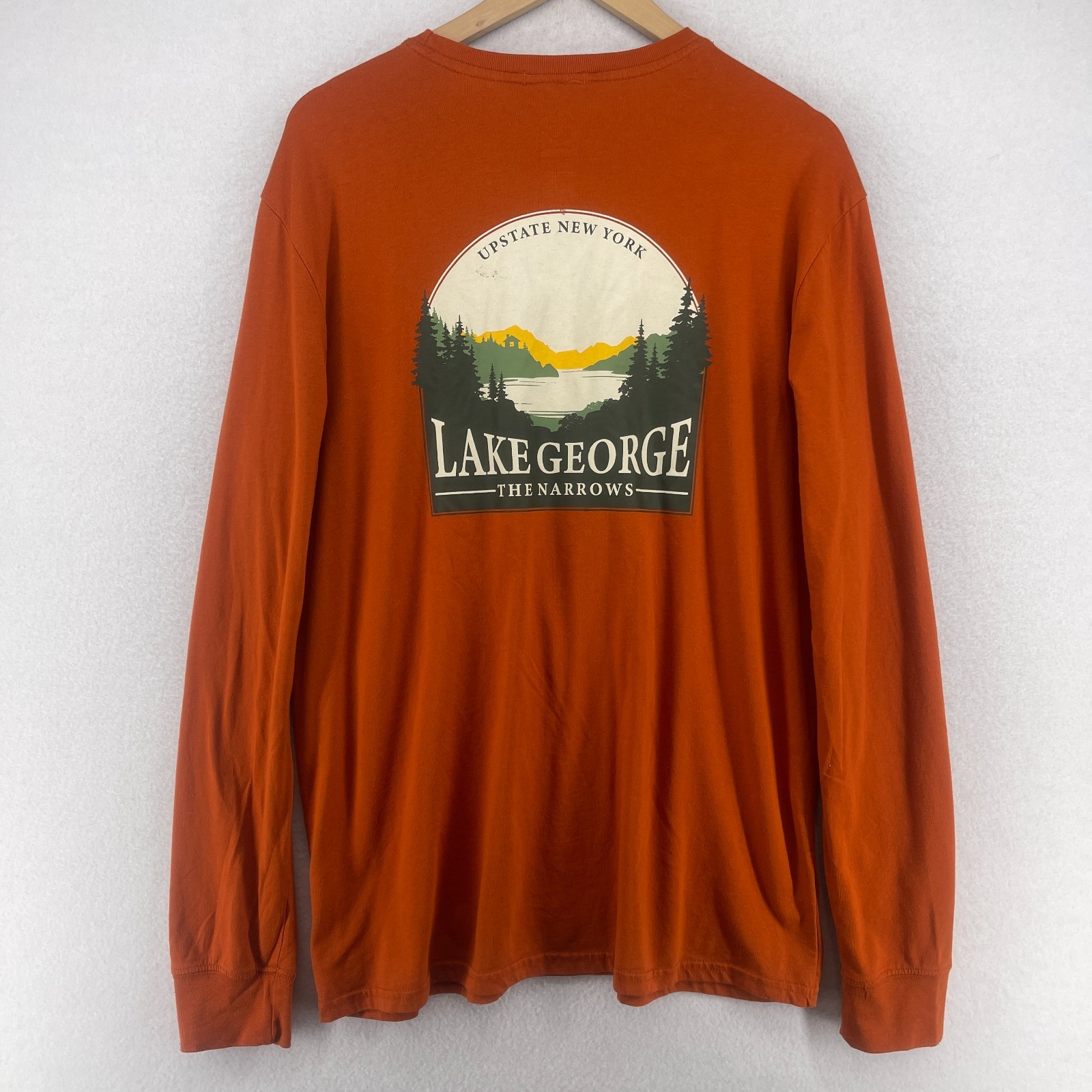 ST JOHNS BAY Shirt Mens L Lake George The Narrows NY Glen Island Outdoor Orange gallery