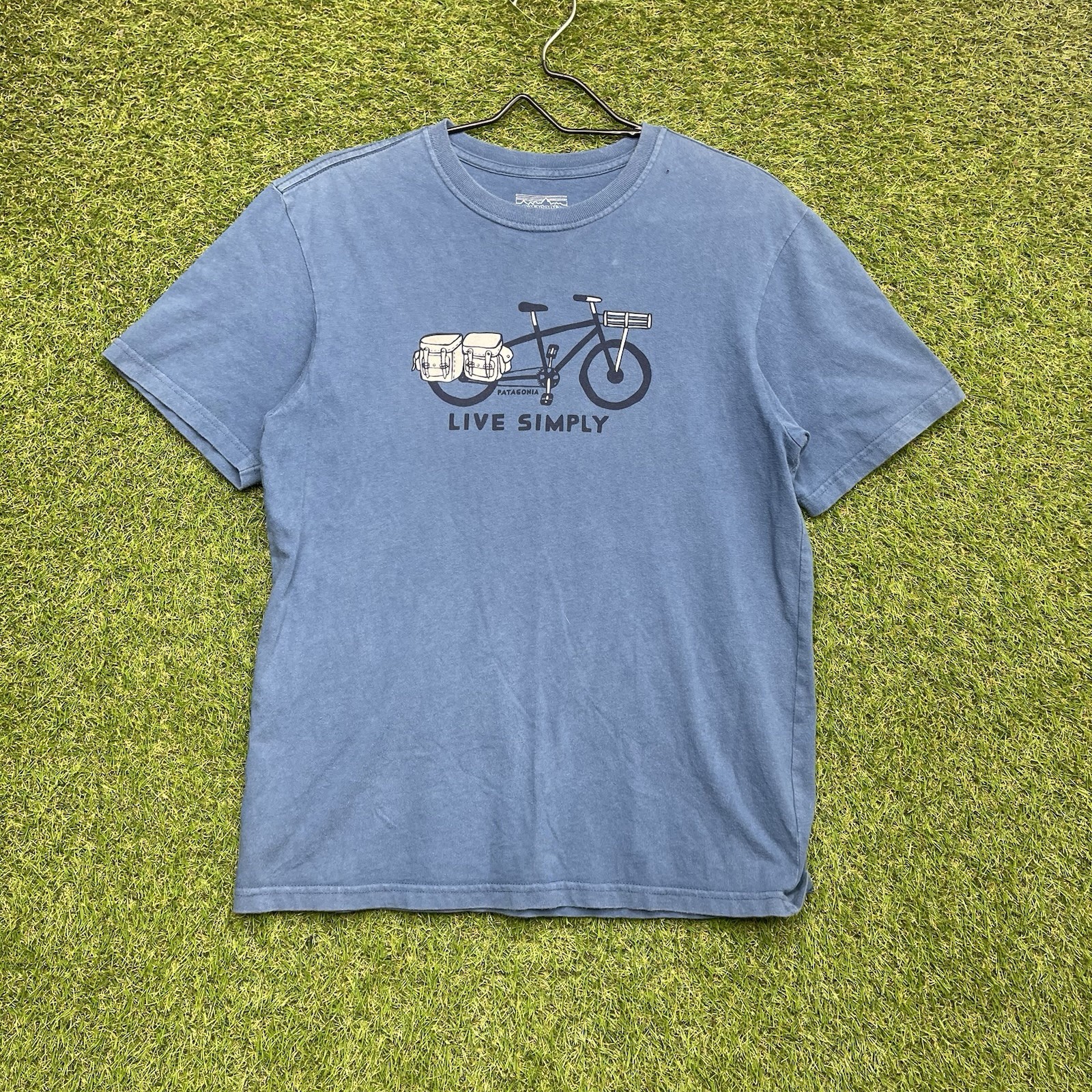 Patagonia Tee Shirt Mens Small Live Simply Blue Organic Cotton Guitar Logo USA