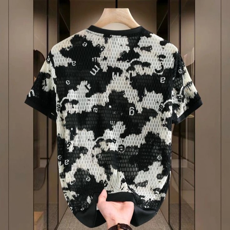 Men's Textured Contrast Print T-Shirt Slim Fit Short Sleeve Streetwear Top gallery