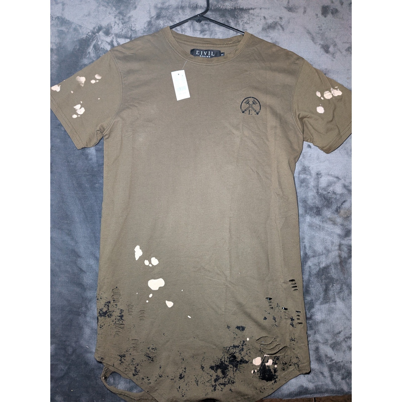 Civil Regime Distressed Scallop Tee Cotton Men Sz S Olive Bleach Paint Splatter