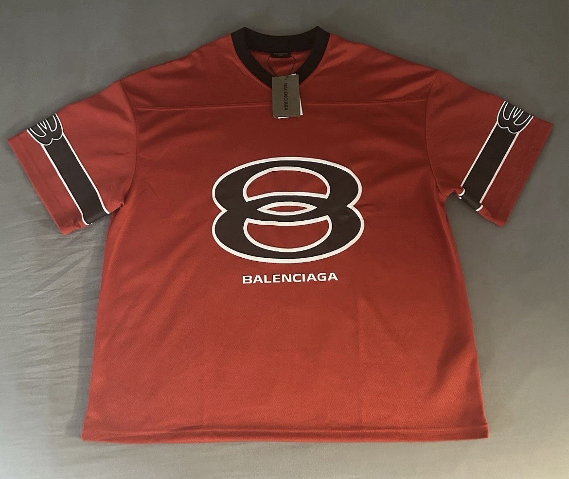 Balenciaga Men’s L Red/Black/White Logo Graphic V-Neck Short Sleeve T-Shirt