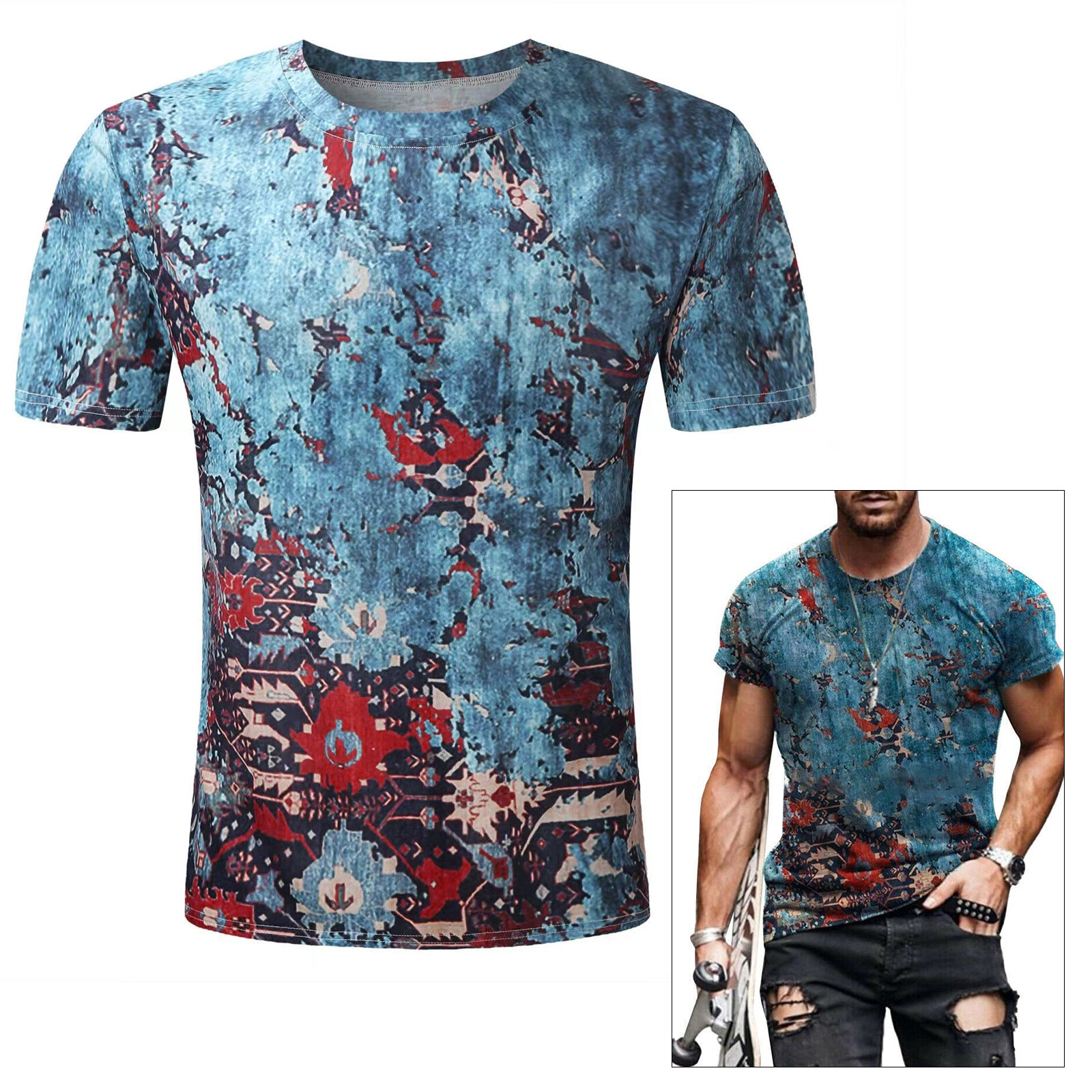 Mens T-Shirt Vintage Short Sleeve Blouse Summer Casual Fitness Tops Tee US gallery