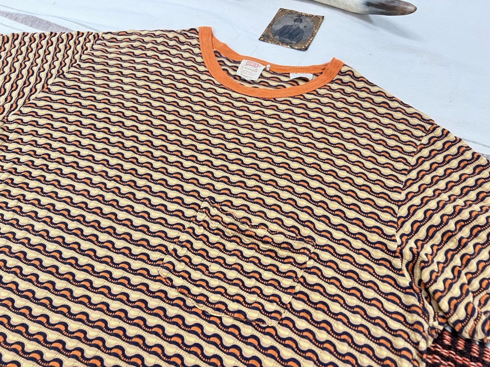 LVC T-Shirt L Levi's Vintage Clothing Casuals Orange Ringer Wave Pattern Stripe gallery