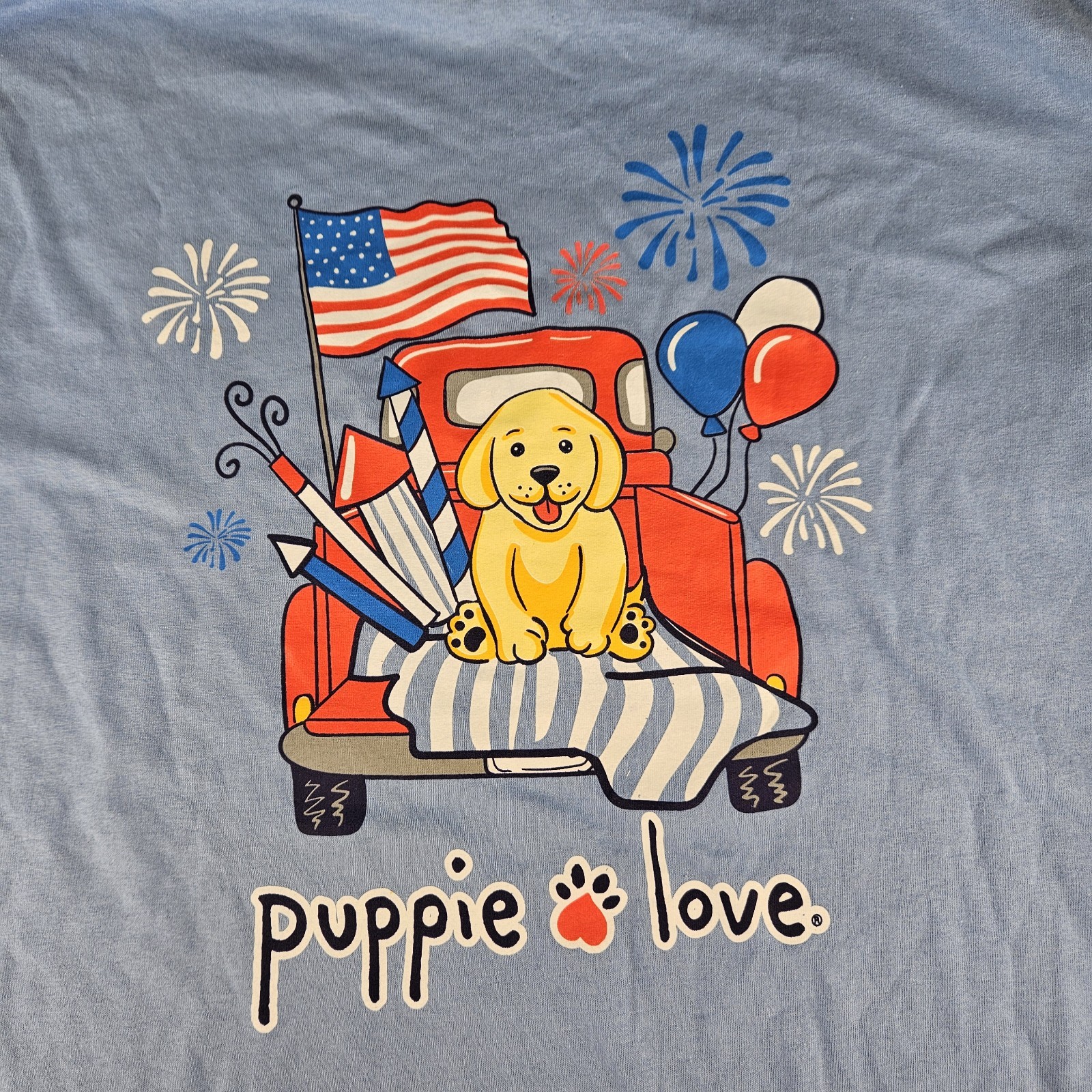 New PUPPIE LOVE Patriotic T SHIRT UNISEX 2XL July 4th Pickup Fireworks Flag Dog gallery