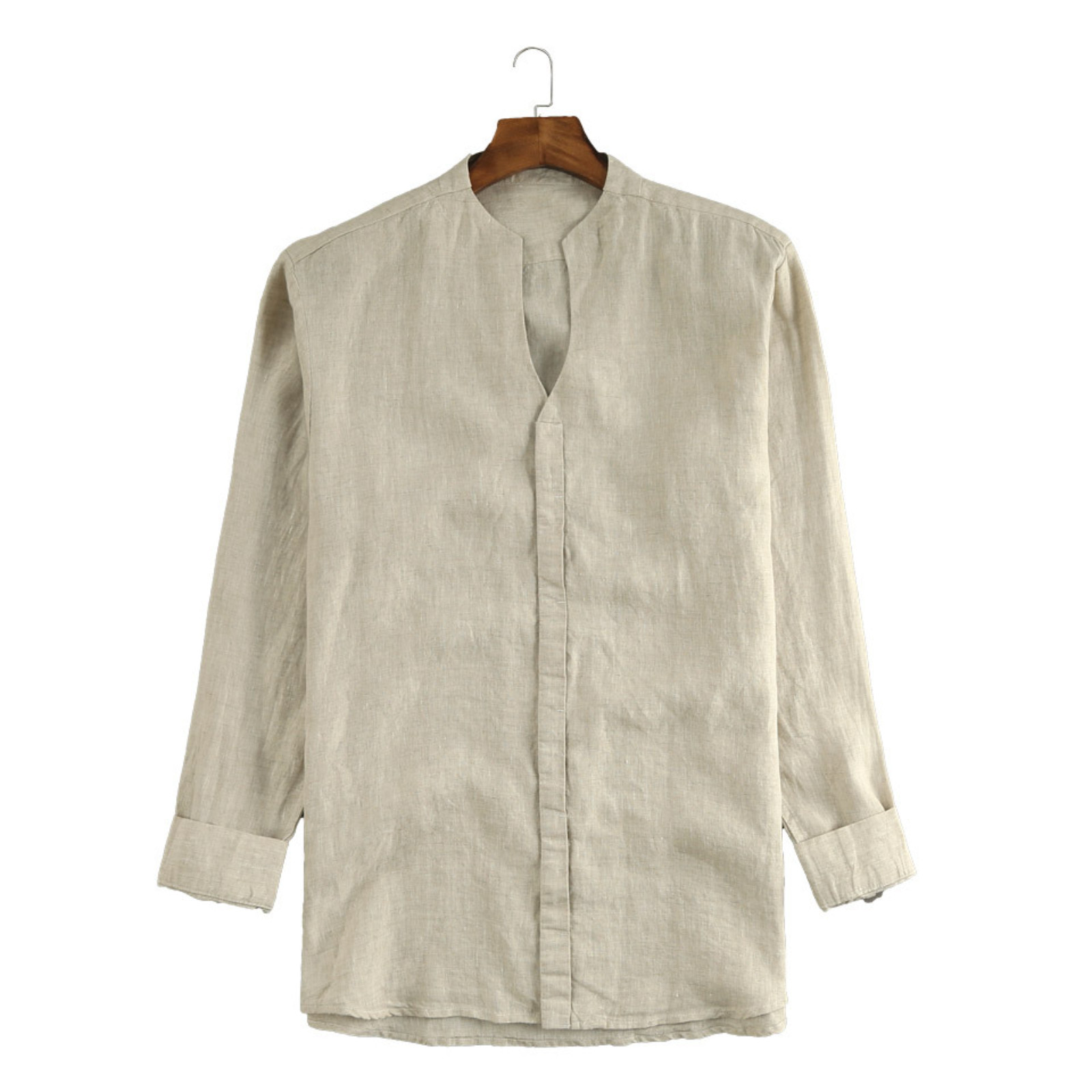Men’s Linen Long Sleeve Shirt Split Neck Stand Collar gallery