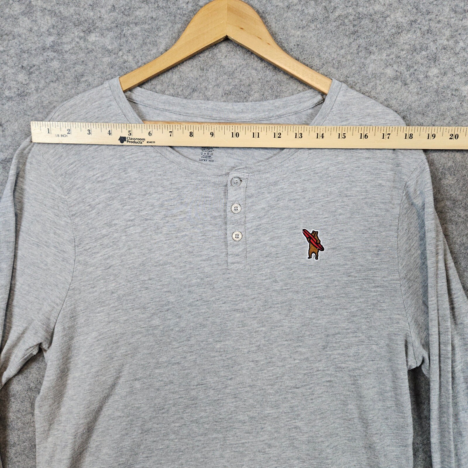 Lucky Brand Sleepwear Heathered Gray Henley Top Size L Surfboard Bear Embroidery gallery