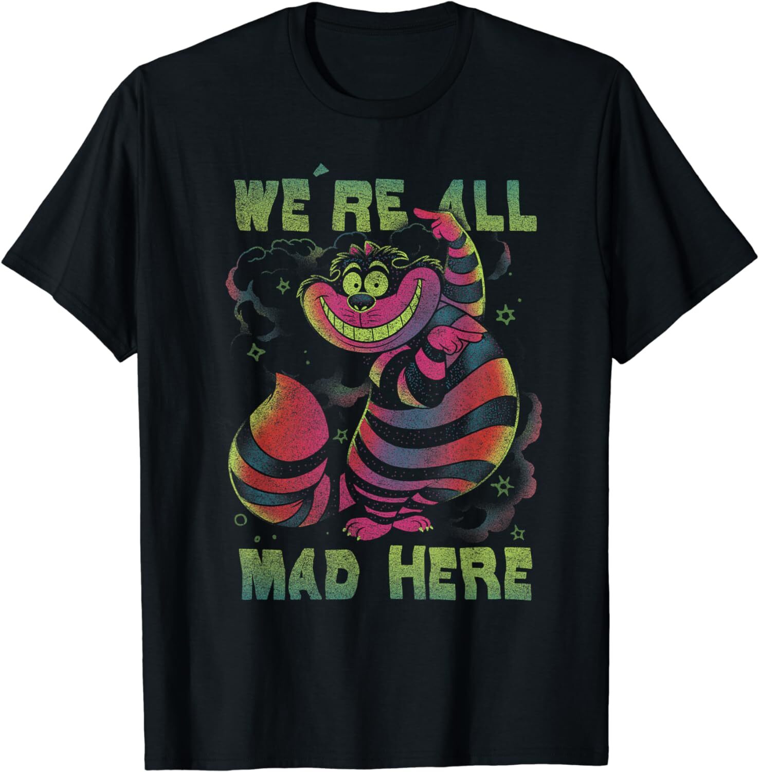 Alice In Wonderland Cheshire Cat Neon All Mad Here Short Sleeve T-Shirt, S-5XL