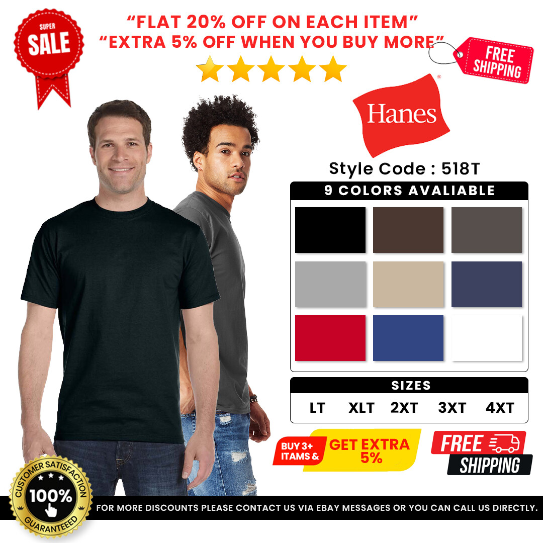 Hanes 518T Mens Cotton Short Sleeve T Shirt Crew Neck Beefy-T Tall T-Shirt gallery
