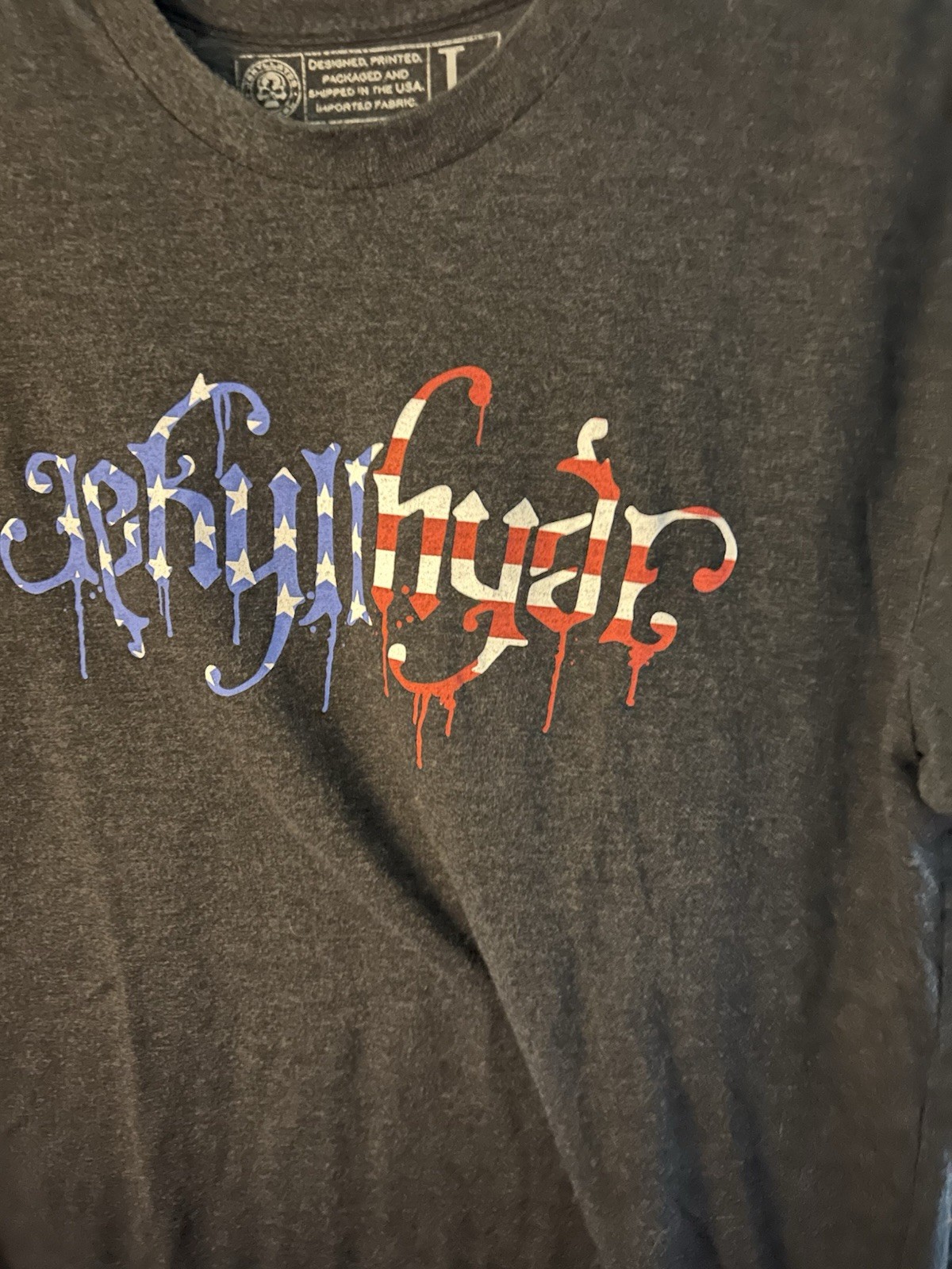 Jekyll & Hyde Tee Shirt Red White And Blue Letters With White Stars On Back gallery