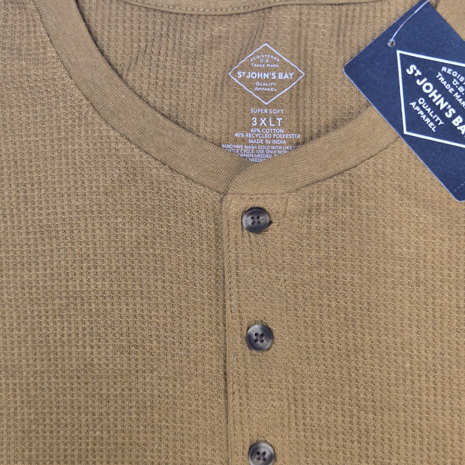 St. John's Bay Men's 3XLT Waffle Knit Henley Shirt Long Sleeve Mustard Gold NWT gallery