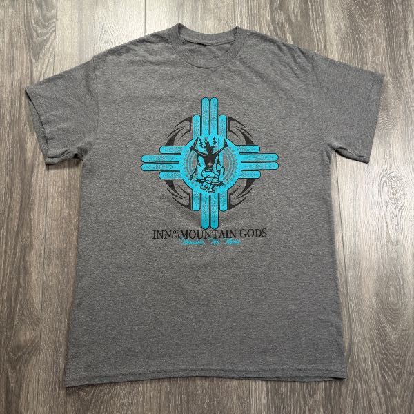 Inn of the Mountain Gods Graphic T-shirt Gray with blue and black print Tag miss