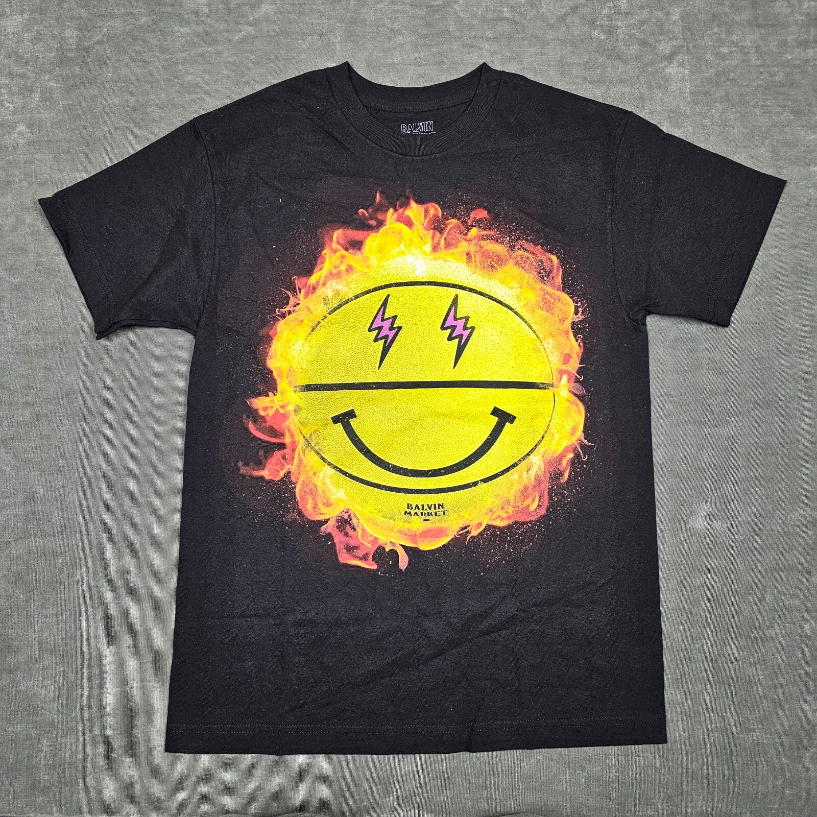 J. Balvin Market Shirt Mens Medium Black Electro Smiley Face Chinatown Collab