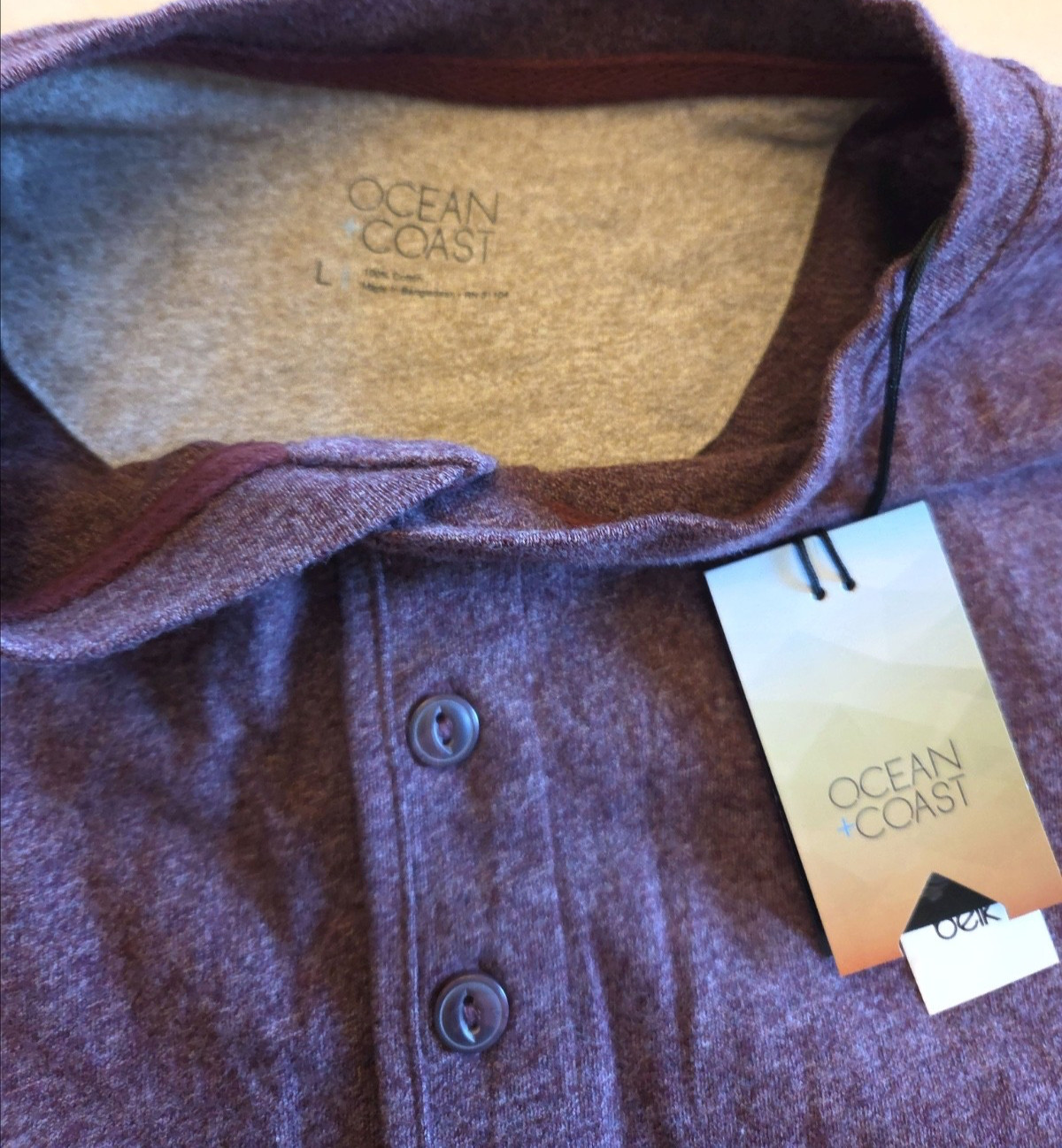 New With Tags - Ocean Coast Heathered Henley Mens Large Maroon Long Sleeve Shirt gallery