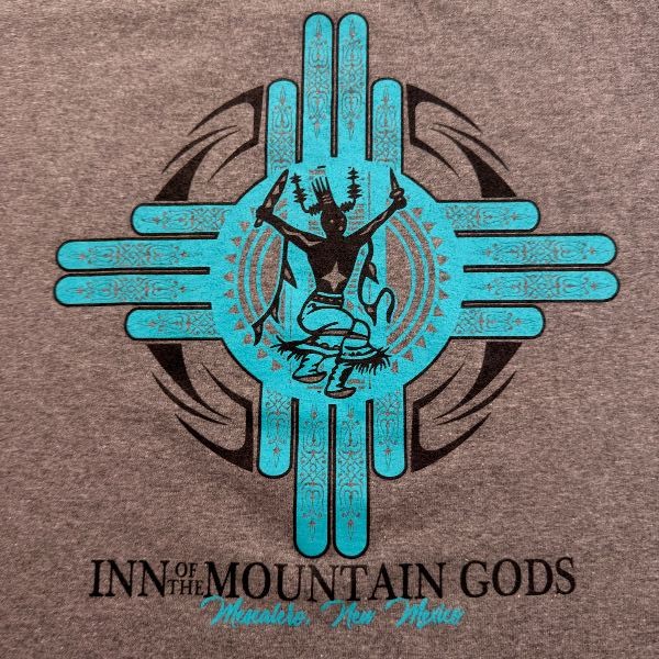 Inn of the Mountain Gods Graphic T-shirt Gray with blue and black print Tag miss gallery