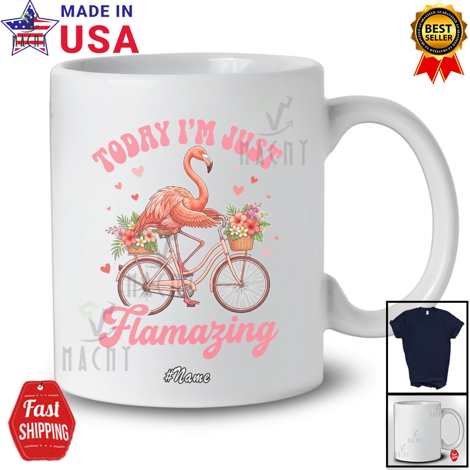 Custom Name Today Just Amazing; Lovely Flamingo Riding Bicycle Floral T-Shirt gallery