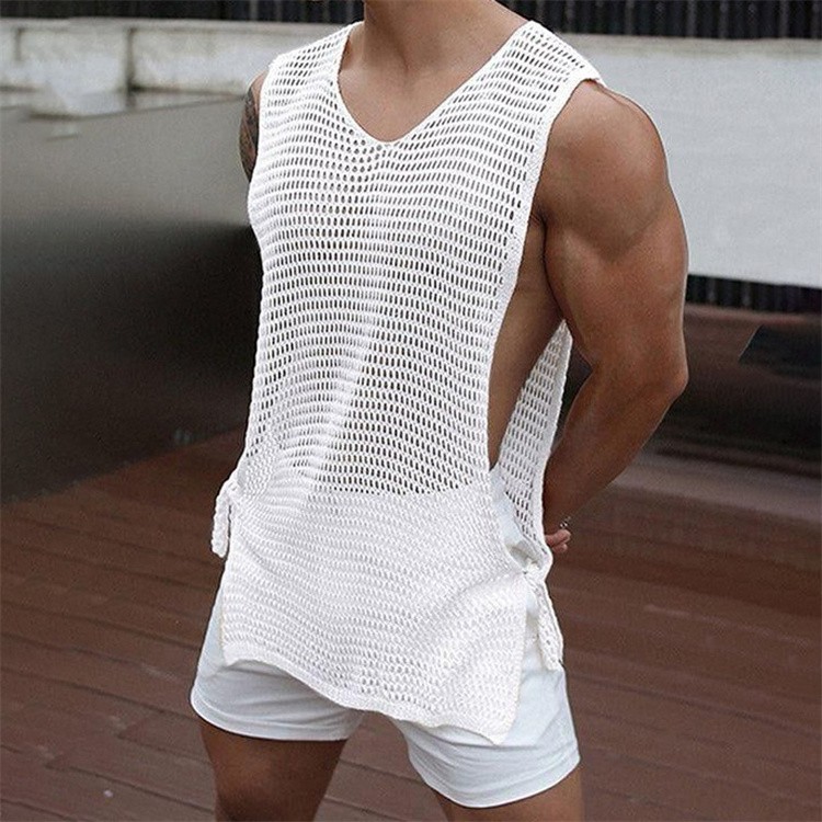Men Sexy Hollow Out Tank Tops Openwork Side Lace Up Vest Casual Baggy Vest Basic gallery