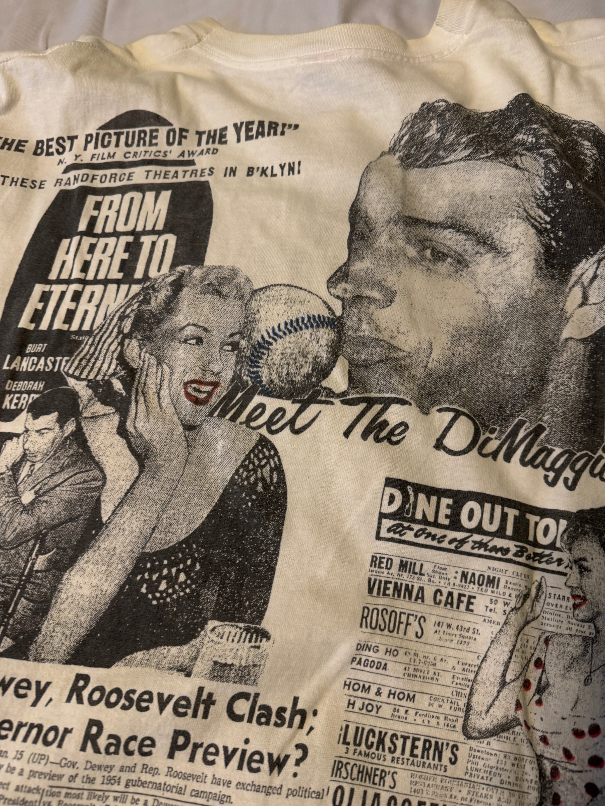 90s USA MARILYN MARRY DiMAG News paper All Over Graphic T-Shirt Size XL gallery