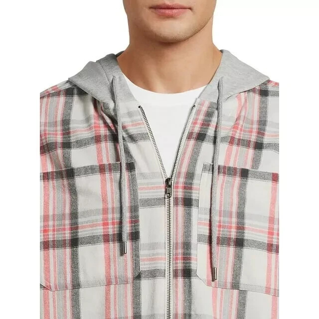 NWT No Boundaries Men’s S 34-36 Zip Hooded Gray Plaid Lightweight Flannel Shirt gallery