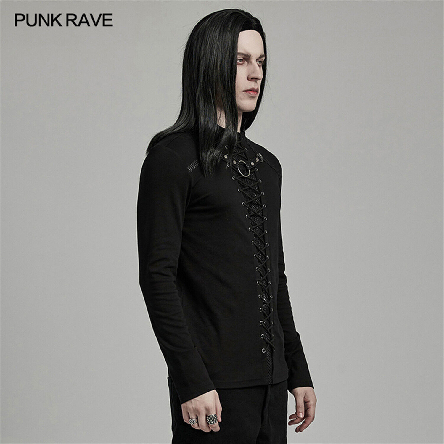 PUNK RAVE Black Cyberpunk Gothic Punk Mesh Splicing Long Sleeve T-Shirt Men Top gallery