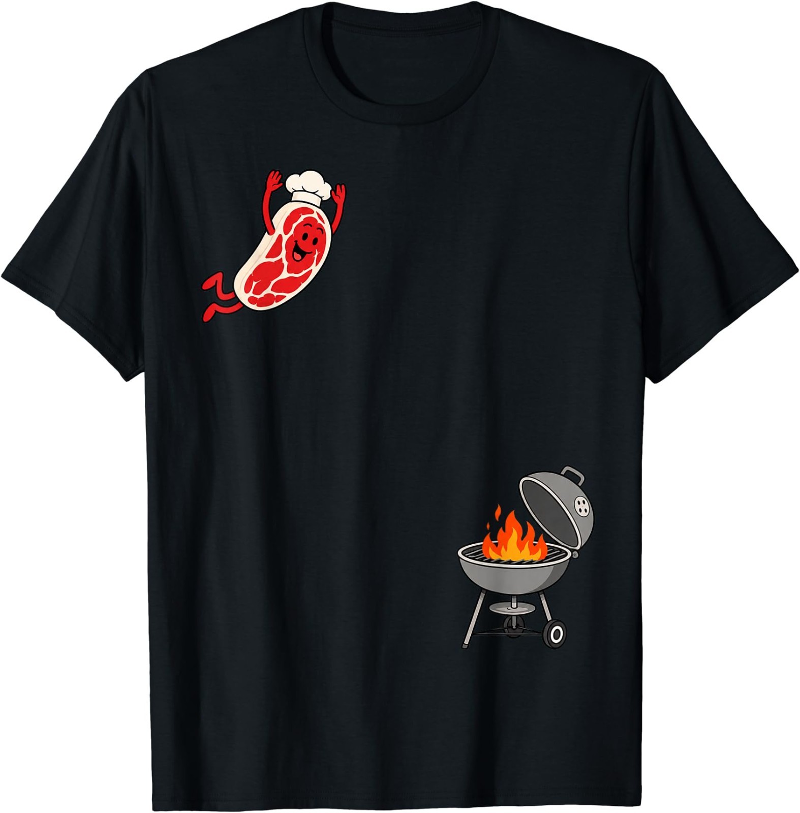 Funny Chef Steak Jumping Into BBQ Grill Cartoon T-Shirt gallery