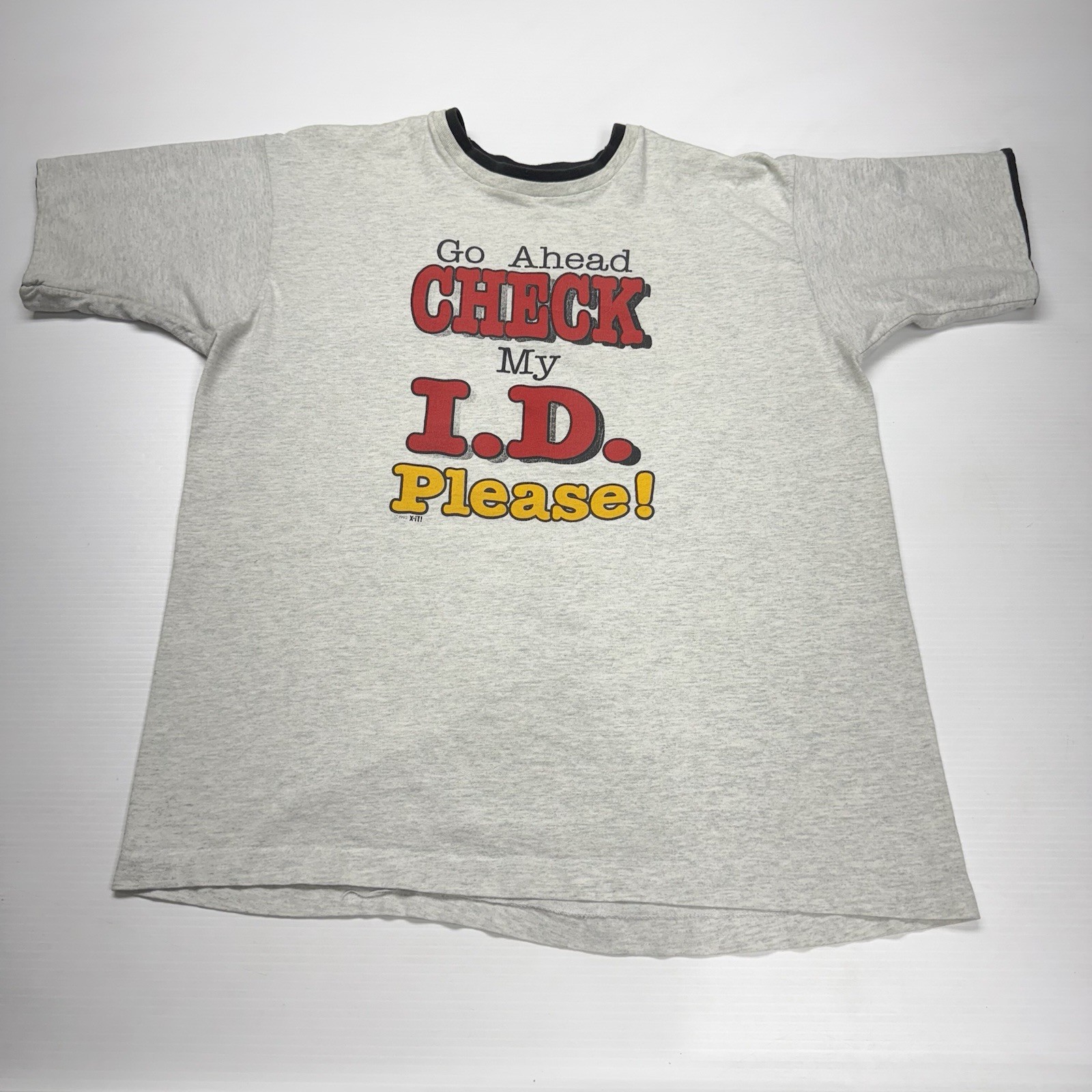 Vtg Funny Mens Shirt L 1992 Check my ID Age Joke Double Neck Gray Graphic USA gallery