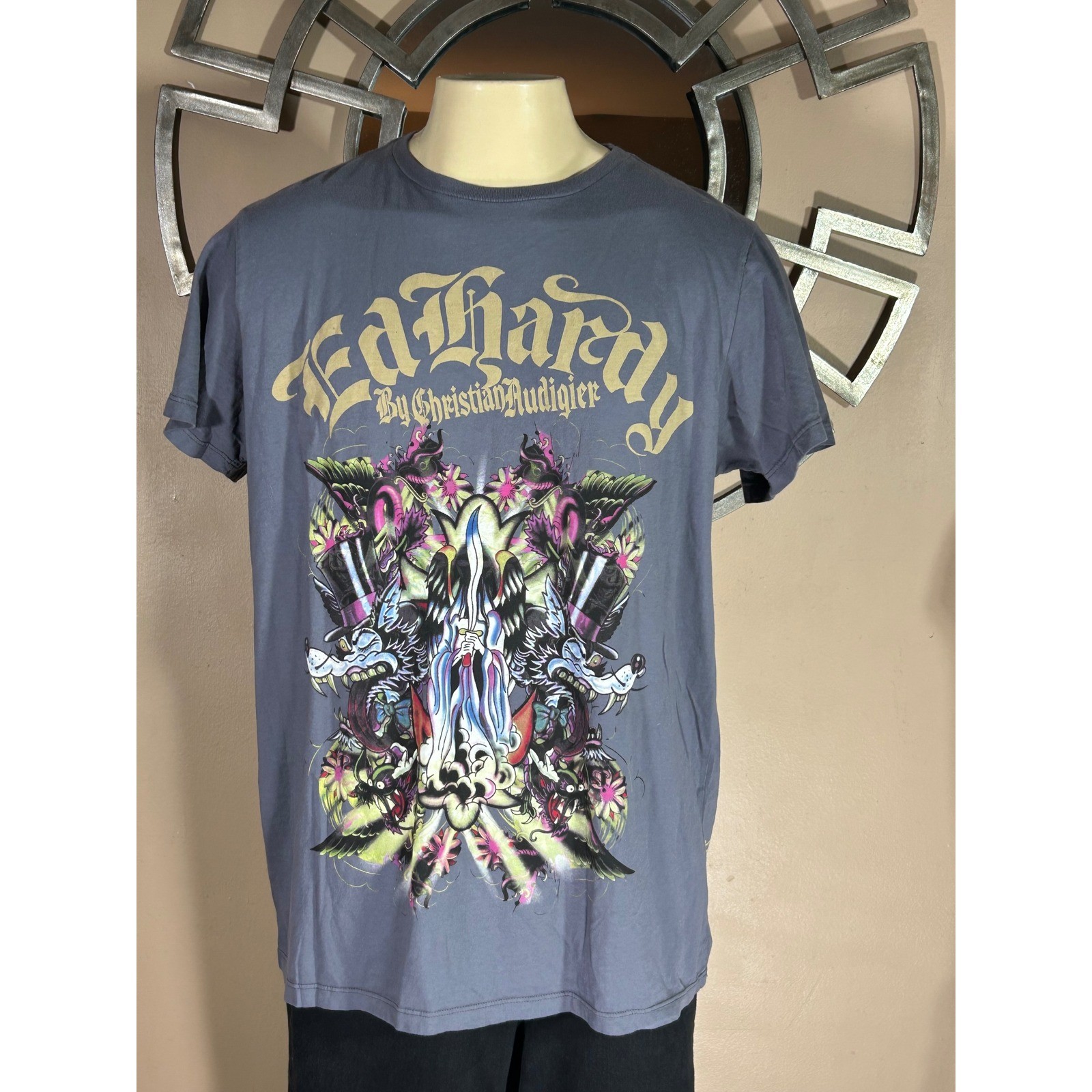 Ed Hardy Christian Audigier Men's Graphic Shirt Dark Grey XXL Death Angel Lover gallery