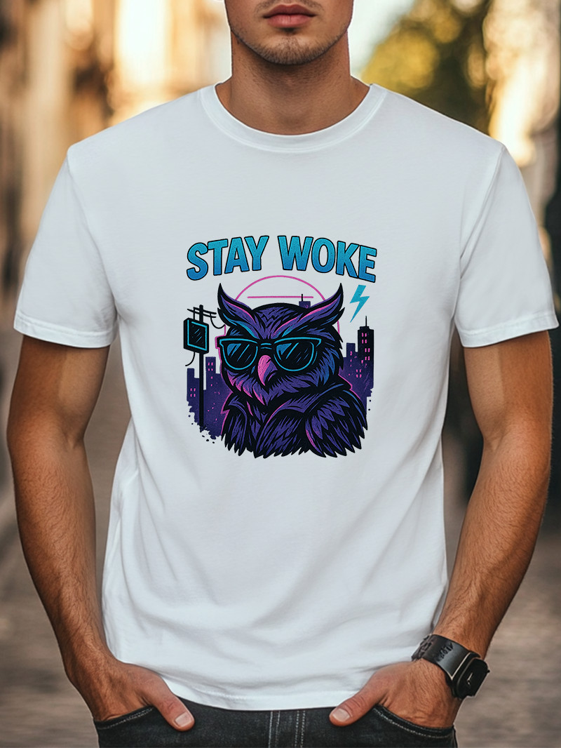 Stay Woke T-Shirt Neon Owl with Shades Graphic Tee Retro Vaporwave Streetwear gallery