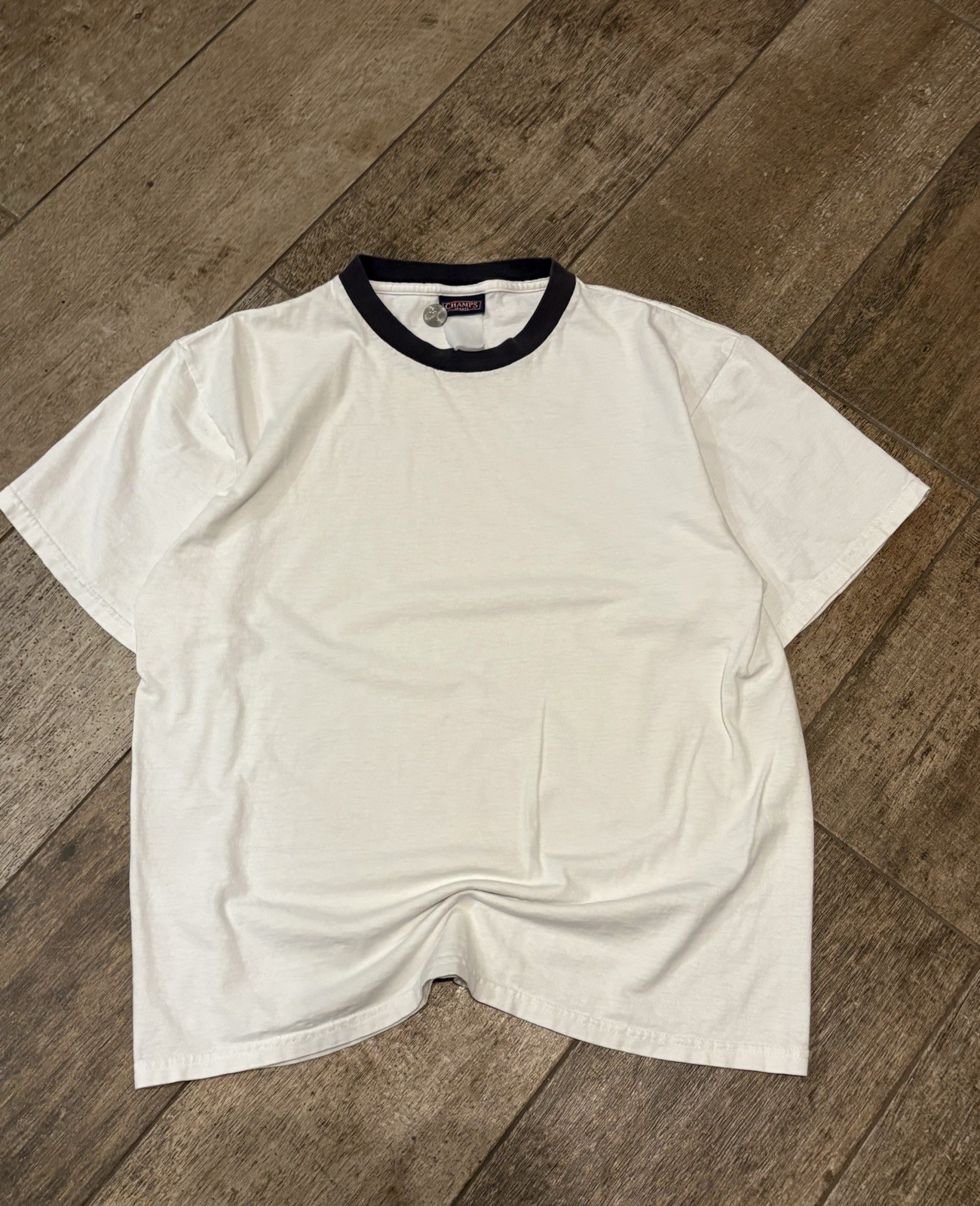 Champs Sports White Crew Neck T-Shirt Black Contrasting Trim Men's gallery