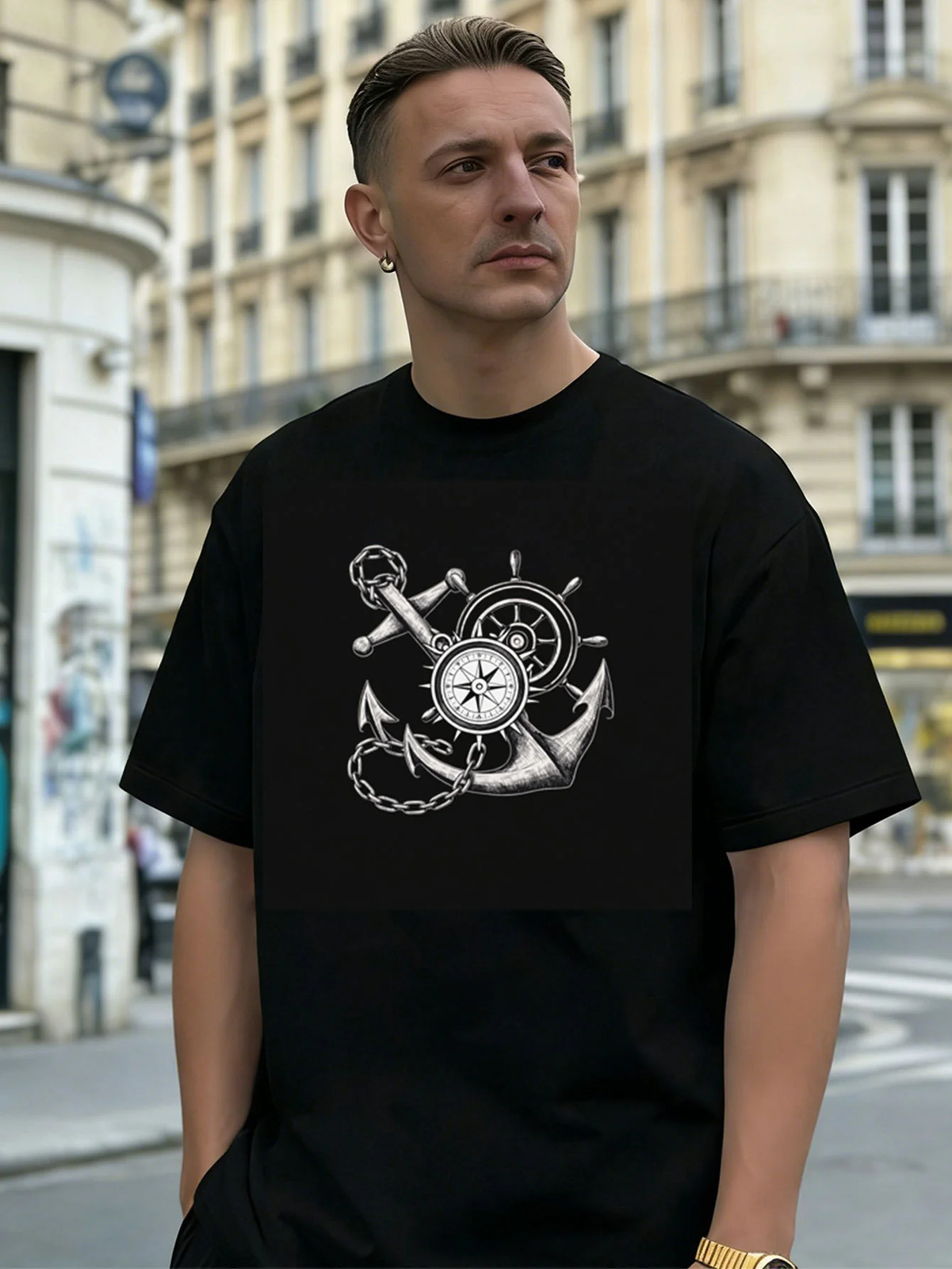 Nautical Anchor Compass Graphic Tee 100% Cotton Men Casual Daily Wear T-Shirt gallery
