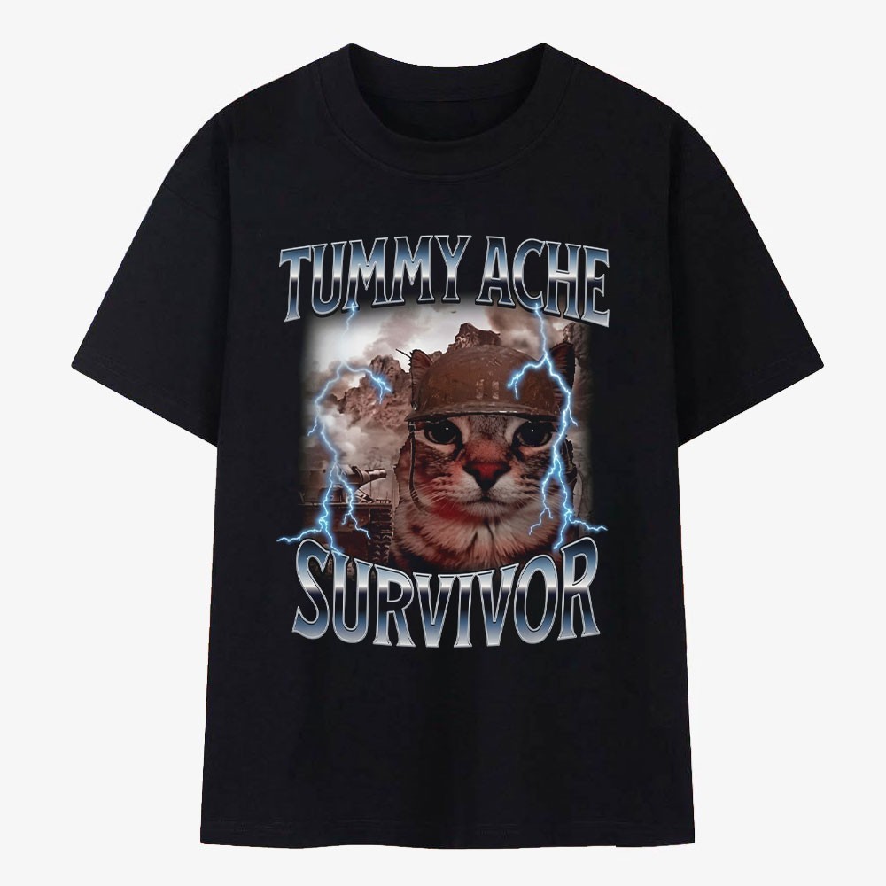 Tummy Ache Survivor T-Shirt Funny Cat Meme Soldier Graphic Vintage Heavy Metal gallery