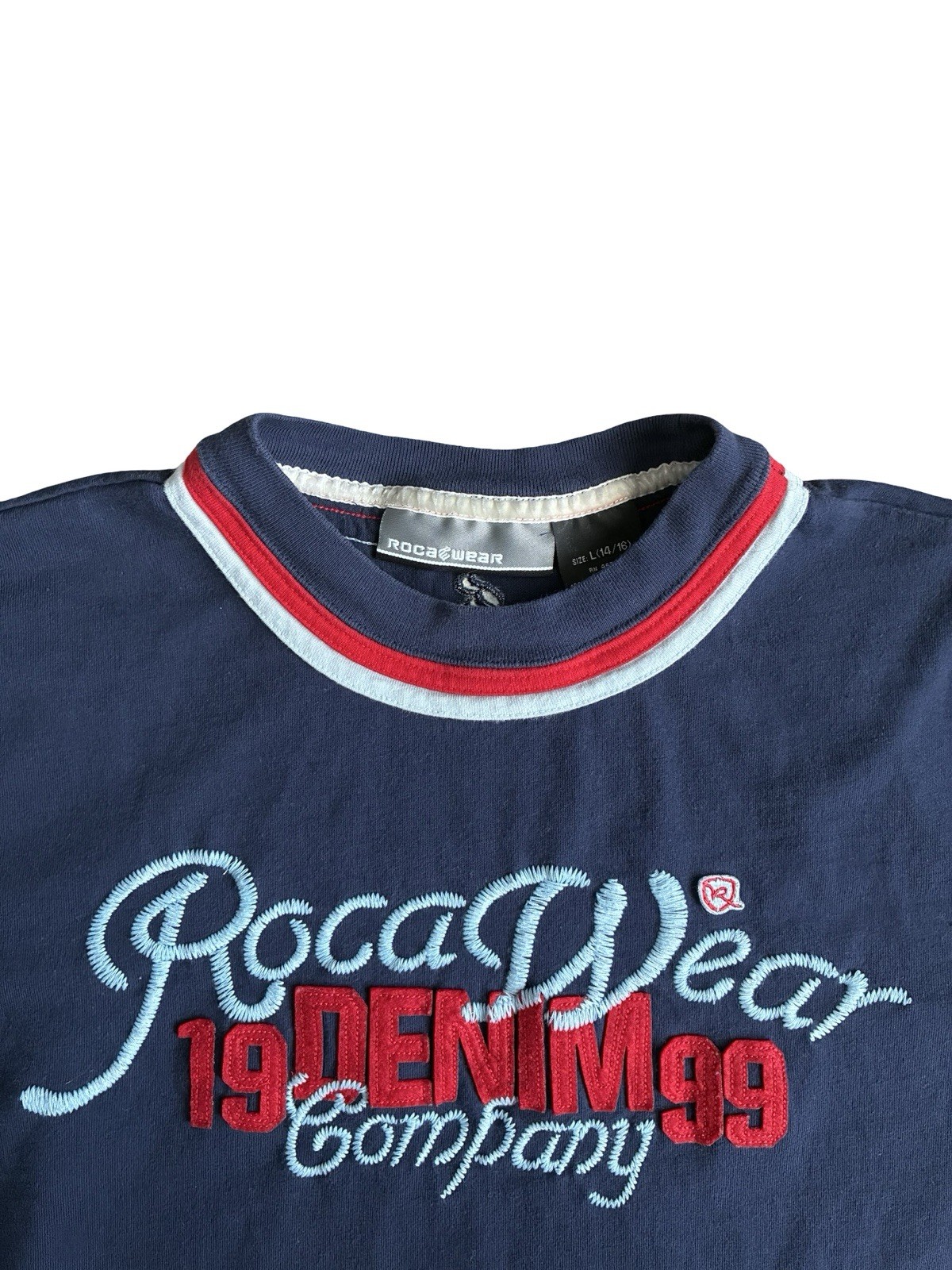 Vintage Y2K Rocawear Embroidered Graphic Short Sleeved Ringer T-Shirt Size L gallery