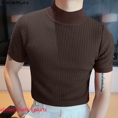 Mens Mock Turtleneck Pullover T-Shirt Knitted Sweater Slim Fit Short-Sleeve-Tee