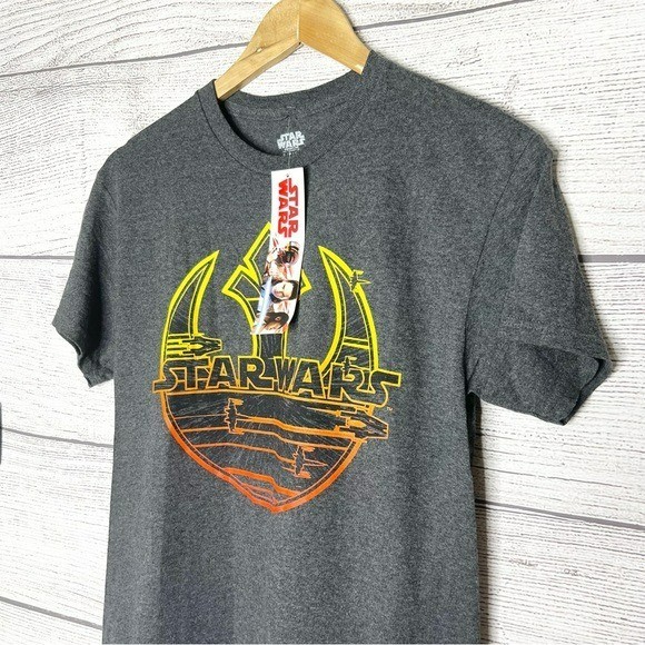 NWT Star Wars Dark Gray Tee with Yellow & Orange Sunset Rebel Logo Size Small gallery