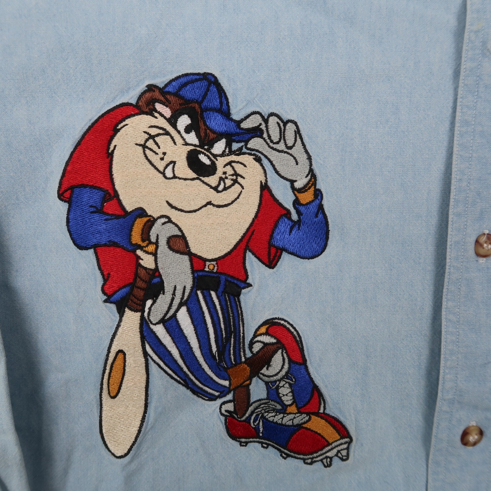 Vintage 90s Looney Tunes Chambray Denim Shirt Bugs Bunny Taz Medium M gallery