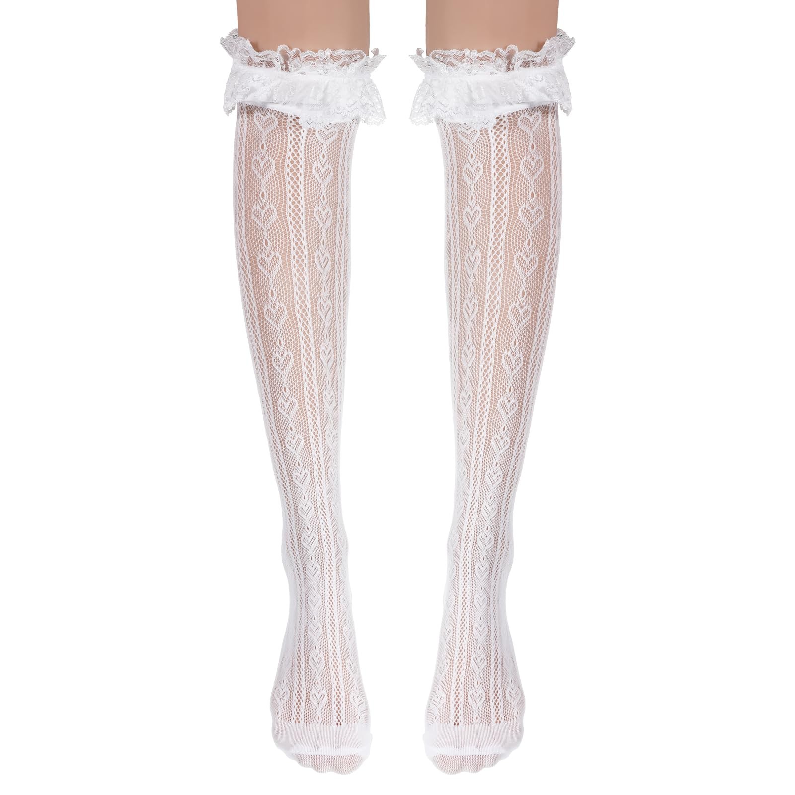 Lace Knee High Socks, Thigh High Stocking with Lace Trim, White Laces Socks W... gallery
