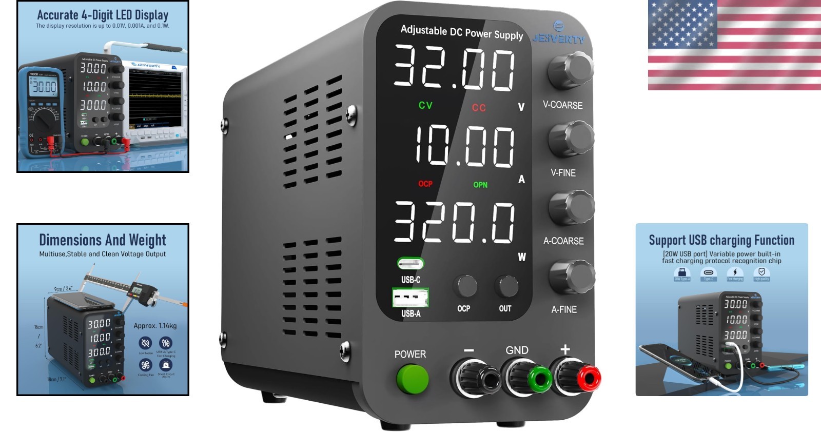 Variable DC Power Supply 0-32V 0-10A Switching Bench with USB-C Quick Charge